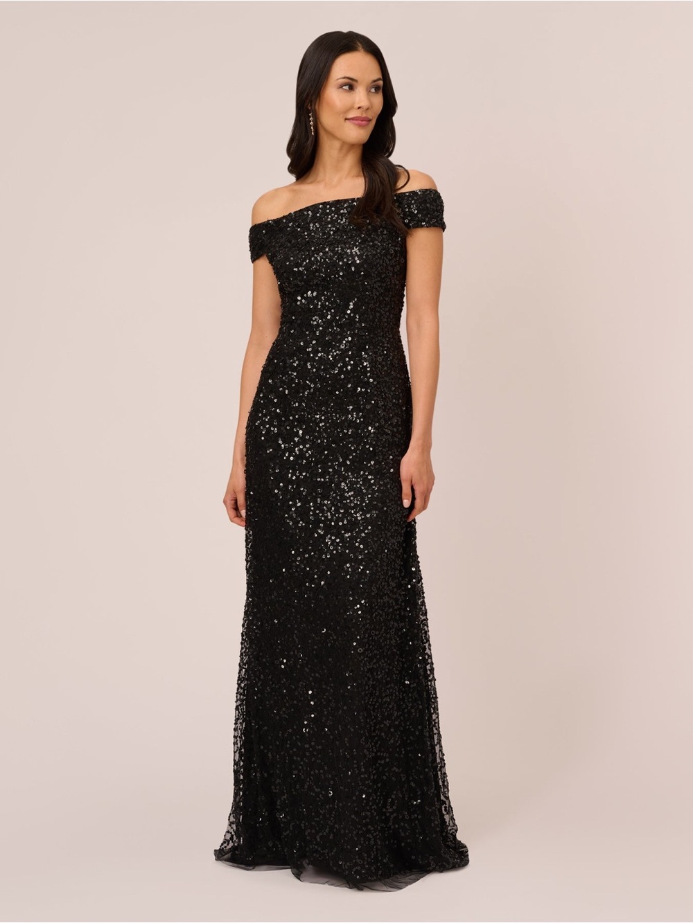 Adrianna Papell Black Off-Shoulder Sequin Maxi Gown